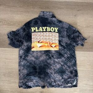 Playboy Button Up Shirt Men Large Grey Tie Dye PacSun Rayon Short Sleeve Graphic